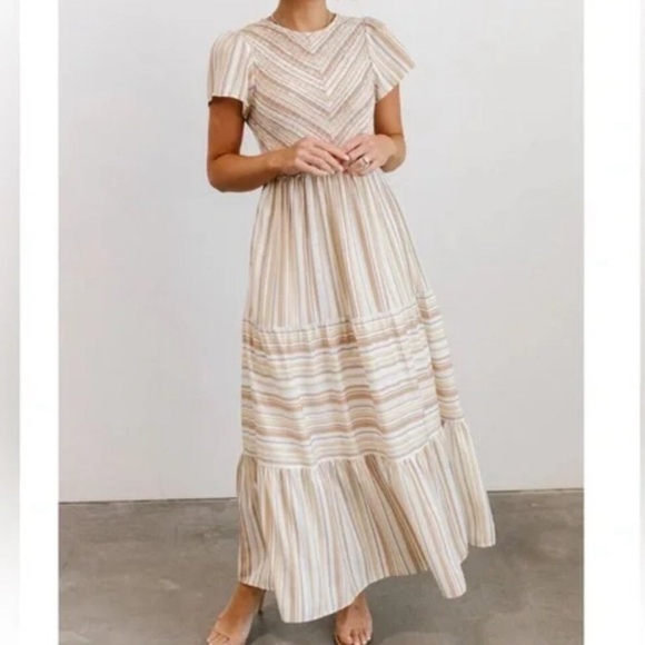 Baltic Born Willow Smocked Maxi Dress Tan Yellow Stripe - Picture 1 of 9